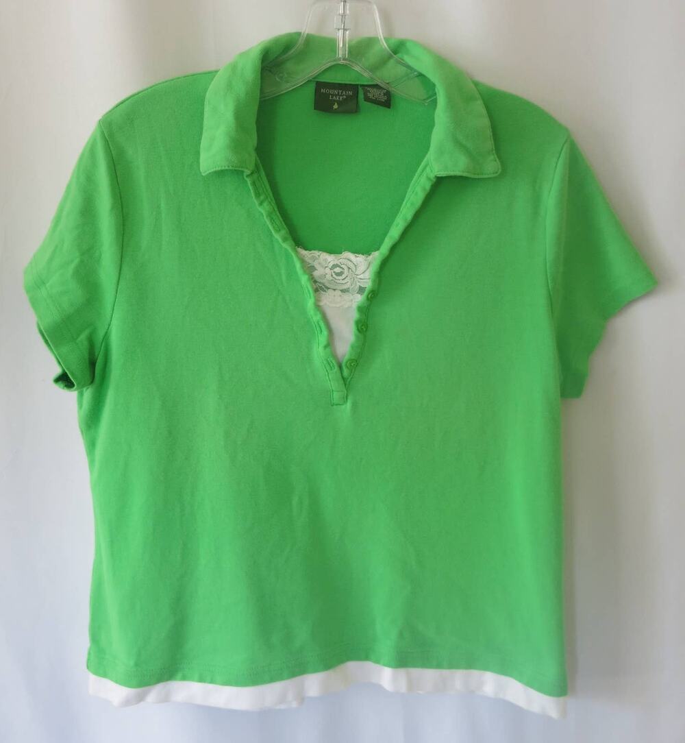 Vintage MOUNTAIN LAKE Short Sleeve Top Size L Lace Trim Green White Casual Y2K